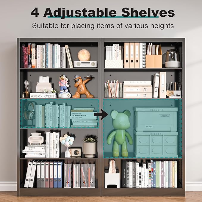 5 Tier Metal Bookshelf, 66" Tall Bookcase, Adjustable Book Shelves, Modern Black Book Shelf Storage Shelves for Bedroom, Living Room, Office, Library, Classroom, School