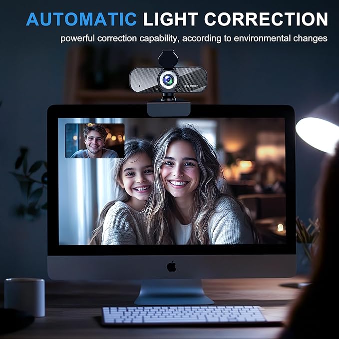 Webcam Full HD 1080P with Built-in Microphone and Rotatable Tripod, Carbon Fiber Board and Privacy Cover, Auto Light Correction, Adjustable FOV, Plug&Play for Zoom/Skype/Facetime/YouTube, Laptop/PC