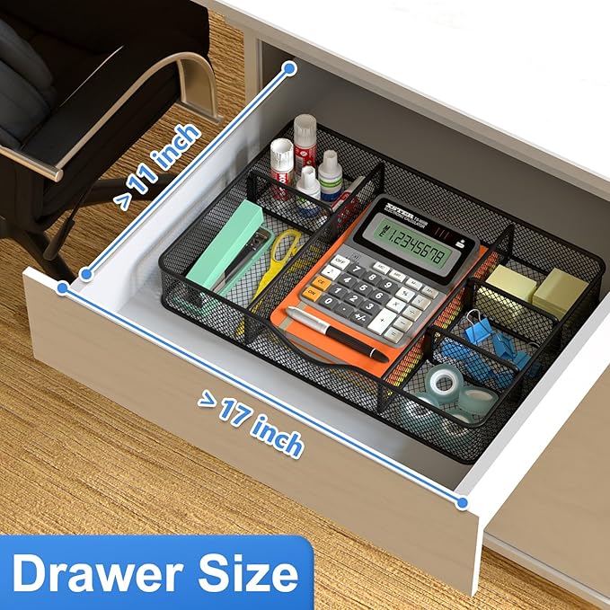 Desk Drawer Organizer, Metal Mesh Drawer Organizer Tray with 6 Adjustable Compartment, Tray Organizer for Desktop, Kitchen, Bathroom, Makeup, Vanity - 14.5x8.8x1.96 inch, Black, 1PC Large