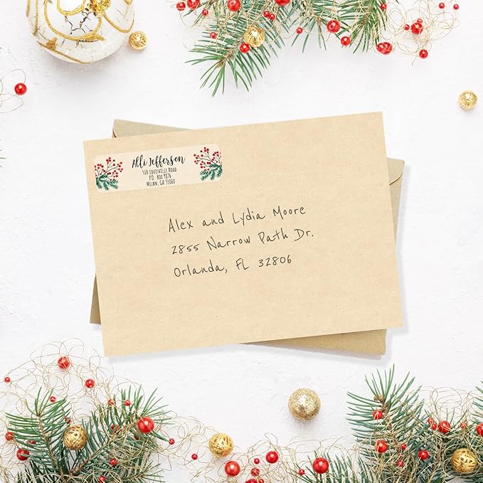 Clear Pine and Holly Rolled Address Labels / 250 Personalized Return Address Labels/Designer Address Stickers in Elegant Plastic Dispenser