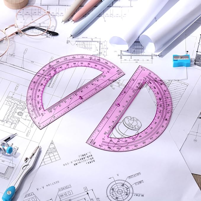 Zonon 2 Pcs 6 Inch Plastic Protractor Math Protractors 180 Degrees Angle Measurement, Translucent for Geometry Classroom Kid Student School Office Supplies(Pink)
