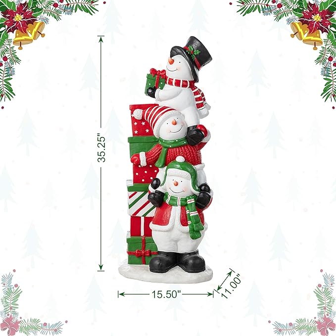 Glitzhome Christmas Stacked Triple Snowman Porch Decor, 35.25"H Resin Statue with Gift Boxes, Hand-Painted Outdoor/Indoor Holiday Display for Entryway