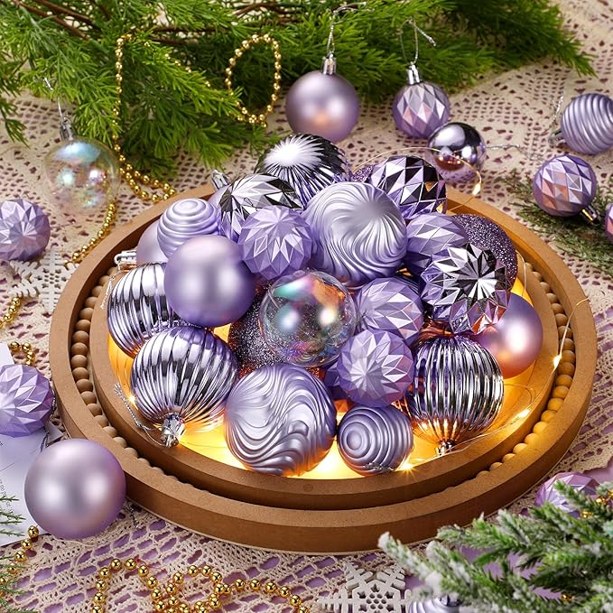 64 Pcs Lilac Purple Christmas Ball Ornaments Lavender Purple Christmas Ornaments Shatterproof Xmas Tree Decorations Set 1.6/1.97/2.4 Inch Light Pastel Purple Christmas Decor for Tree Home