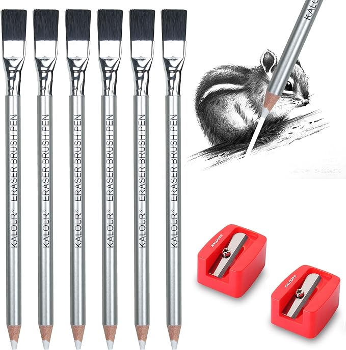 KALOUR Detail Eraser Pencil - 6pc Eraser Pencils with Brush and 2pc Sharpener,Erasing Small Details or add Highlights for Sketching, Charcoal Drawings. Fine Detail Eraser for Beginners & Artists