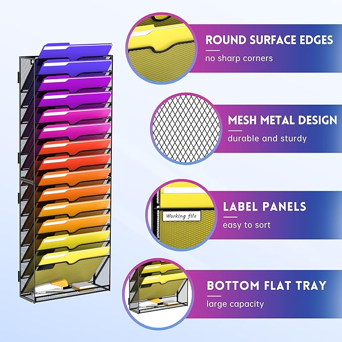 15-Tier Mesh Wall File Organizer, Hanging Files and Clipboard Organization for Office Home, Assembly Needed, Black 2 Pack