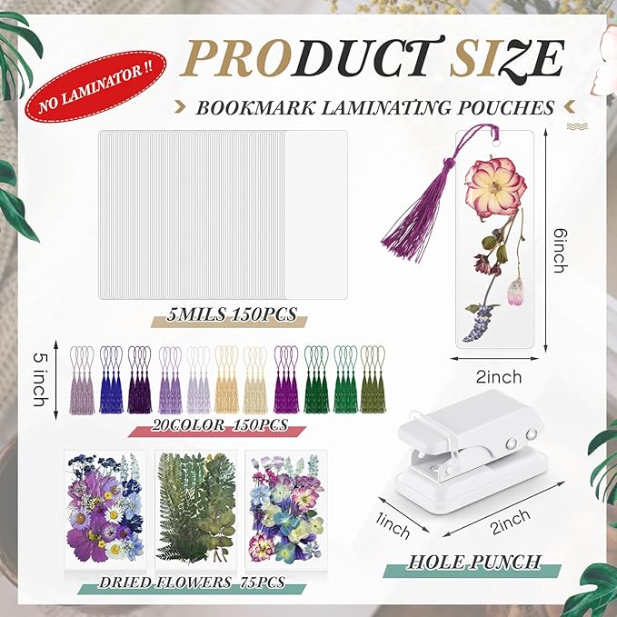 150 Pcs DIY Pressed Dried Flower Bookmark Making Kit, DIY Bookmark Bulk Thanksgiving Teacher Gifts for Reading Women Book Lovers(2 x 6 Inch,Purple)