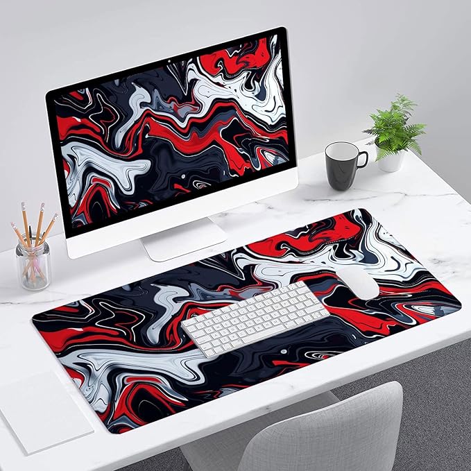 Red Marble Fluid Gaming Mouse Pad Desk Pad Abstract Black White Mousepad XL Large Gaming Mouse Pad Laptop Keyboard Mat Desk Pad Office Home Decor for Women Girl 31.5"x11.8"