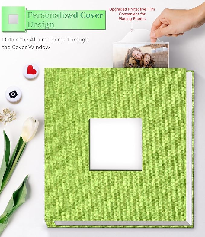 Photo Album Self Adhesive Scrapbook Album for 3x5 4x6 5x7 8x10 Pictures,60 Pages Linen Cover with Display Window DIY Photo Book,Ideal Gifts for Family Travel Wedding Baby