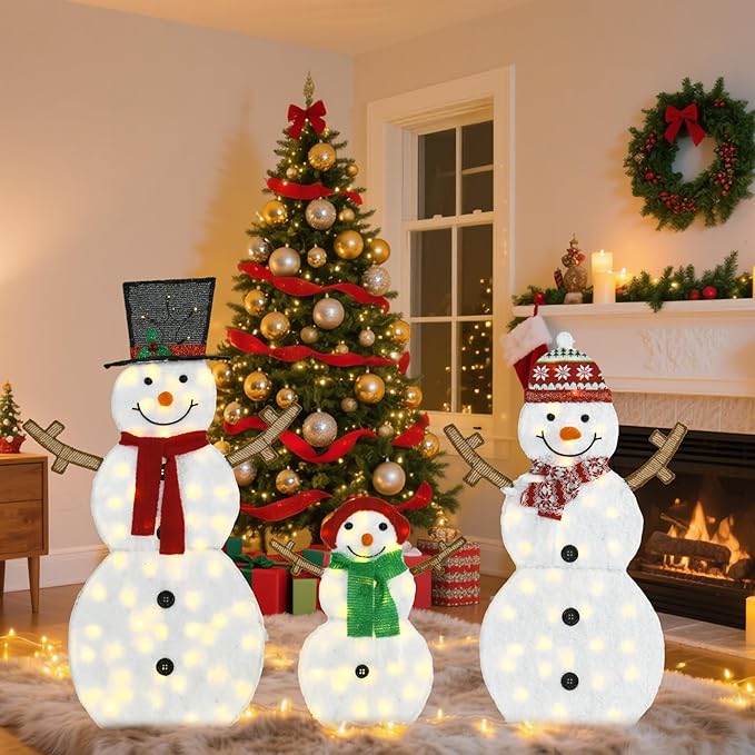 Lighted Snowman Family Outdoor Christmas Decoration, 48"| 42"| 24" H Pre-lit Snowman Lights Ornament, 2D Indoor Holiday Decor, 130 Warm White LEDs, for Yard, Lawn, Garden, Set of 3