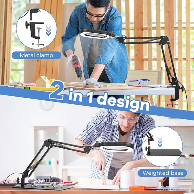 10X Rectangle Magnifying Glass with Light and Stand, Real Glass Lighted Magnifier Hands Free, Mechanical Knob 5 Color Modes Stepless Dimmable, 2-in-1 LED Desk Lamp with Clamp for Close Work, Reading