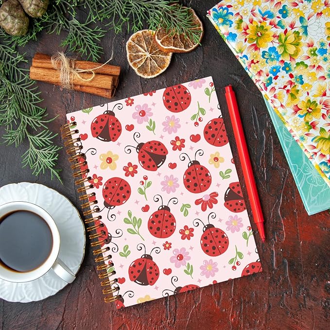 JXREQ Cute Pink Ladybug Floral Notebook Insects Journal for Women Note Taking Writing, Cute School Office Supplies, Preppy Aesthetic Spiral Notebooks 5.5x8.3