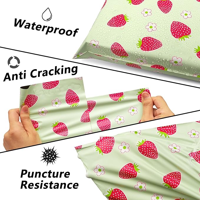 Poly Mailers 10x13 Inch 100 Pcs - Strawberries printed Shipping Bags, 2.4mil Thickness, Waterproof and Tear Resistant Mailing Envelopes, Self-Sealing Packaging Bags for Small Business