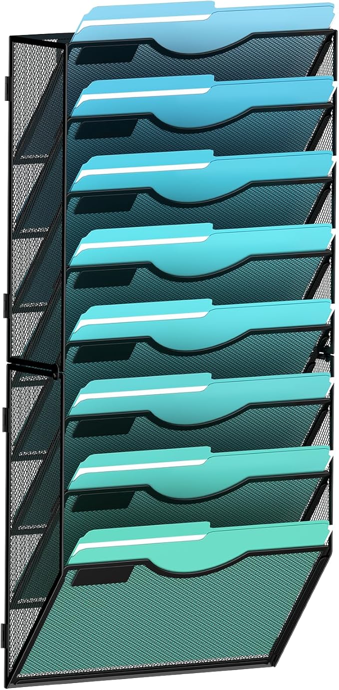 8-Tier Wall File Organizer Hanging Wall File Holder Wall Mount Paper Folder Organize, Mesh Magazine Document Mail Organizer Wall Organizer for Office School Home, Black