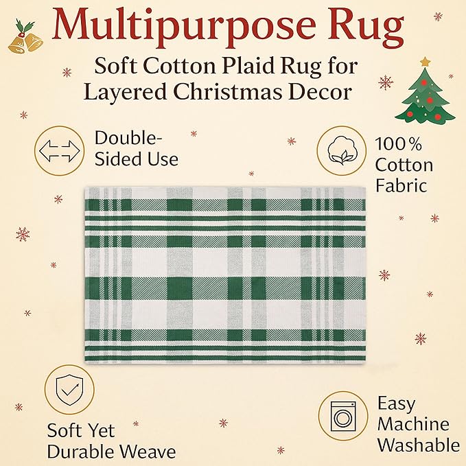 Christmas Green & White Check Rug - 3' x 5' Outdoor Front Door Decor Mat Cotton Washable Hand-Woven Rug Christmas New Year Holiday Porch Entryway Layered Doormat
