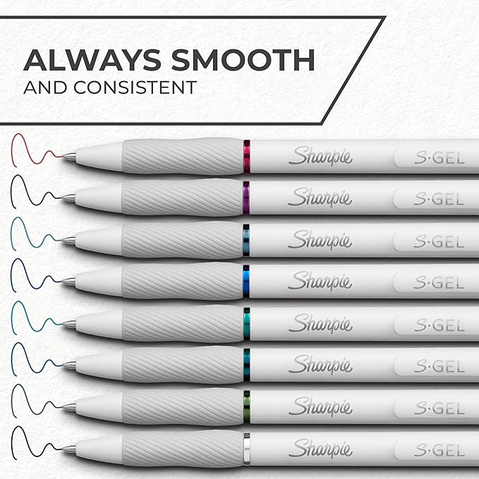 Sharpie S-Gel Pens, Fashion Barrel Gel Pens, Pearl White Body, Medium (0.7mm) Point, Bold Ink Colors, 12 Count