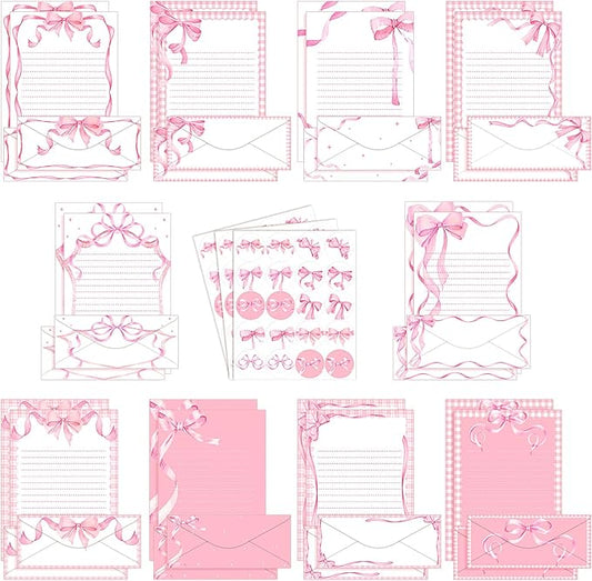 TaoBary 160 Pcs Stationery Paper Set 50 Double Sided Stationery Papers with 50 Matching Envelopes and 60 Round Dot Sticker, 10 Design(Pink Bow,8.5 x 11 Inch)