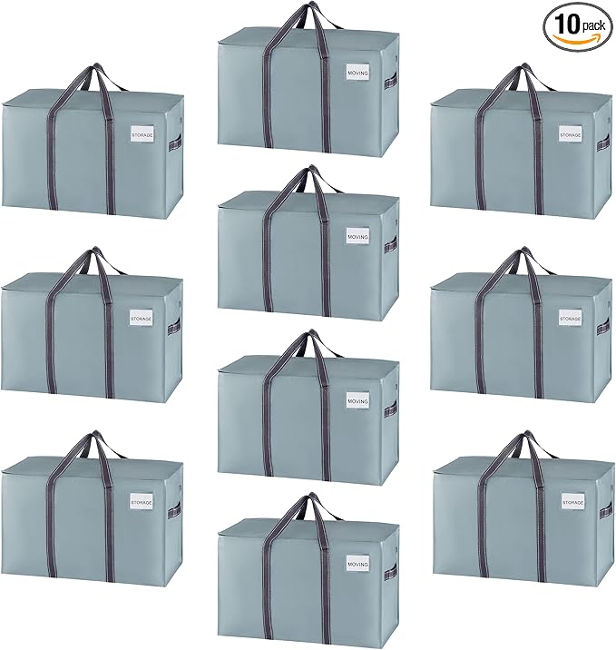 VENO 10 Pack Moving Bags, Heavy Duty, Moving Boxes Alternative, Packing Storage Supplies for Dorm Room Essentials with Zipper for Clothes, Extra Large Totes for Packaging (Light Blue Matte, 10 Pack)
