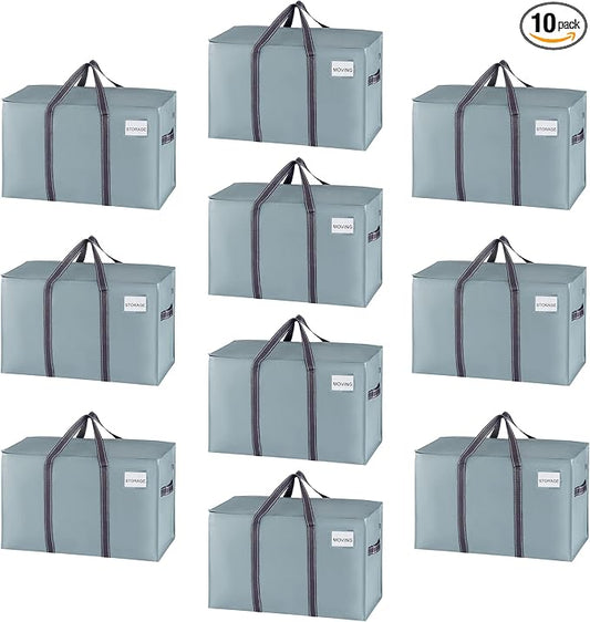 VENO 10 Pack Moving Bags, Heavy Duty, Moving Boxes Alternative, Packing Storage Supplies for Dorm Room Essentials with Zipper for Clothes, Extra Large Totes for Packaging (Light Blue Matte, 10 Pack)
