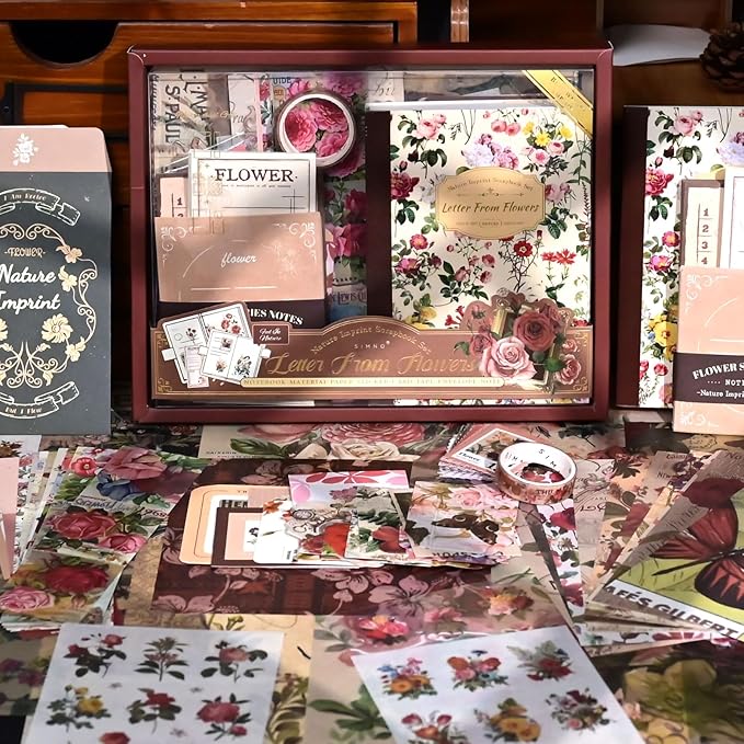 Funto Scrapbooking Kit(154 PCS), Vintage Collection-Letter from Flowers, Perfect for Bullet Scrapbooking Materials, Planner DIY Arts Craft Collage