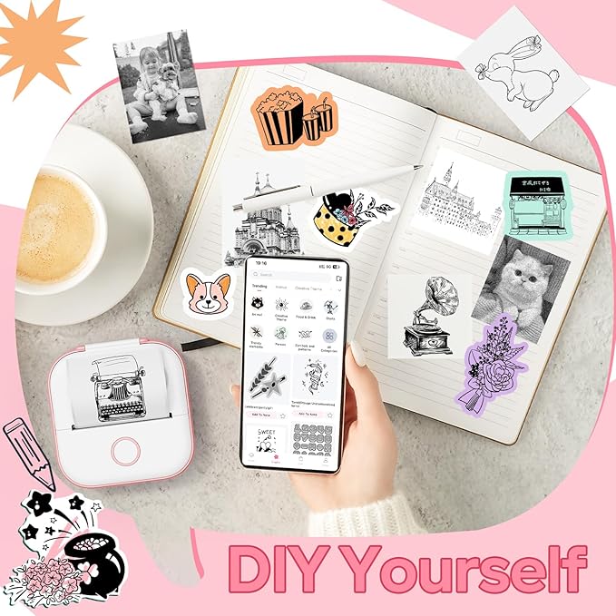 Sticker Printer Machine, Print Pods Mini Maker with 1 Roll Paper, Mini Portable Sticker Maker Y02C, Bluetooth Inkless for Phone, Thermal Portable Machine for Journal, Note, Photos, Learning