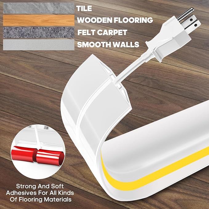 10ft Large White Floor Cord Cover, Self-2" (W) x 0.6"(H), Cable Cavity:0.8"(W) x 0.4"(H), Adhesive Power Cable Protector, Silicone Cord Protector, Cord Management, Cord Concealer and Cable Hider