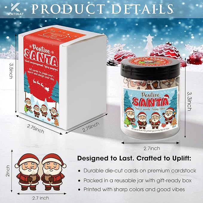Positive Santa Jar – 60 Funny Emotional Support Santa Jar- Christmas Gifts for Teens, Women, Men, Coworkers, Teachers, Sisters, Friends – Christmas Stocking Stuffer for Teen Girls, Boys, Women
