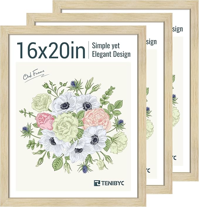16x20 Picture Frames Set - 3 Pack - Natural Oak Wood - Tempered Glass - Display Family Photos, Wall Gallery, Posters & Puzzles - Home Decor