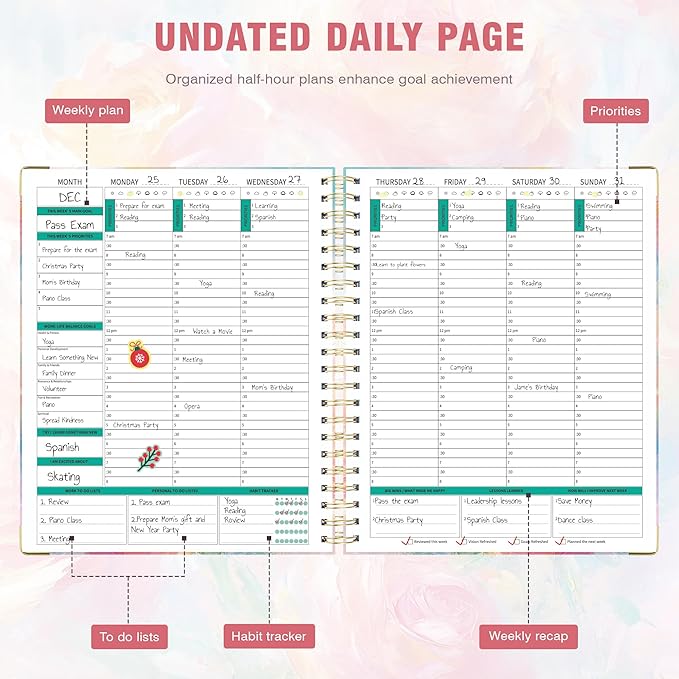 Ospelelf Undated Spiral Bound Planner Daily, Weekly and Monthly Planner, Pink Teacher Student Planner 12 Month 8.5 x 11