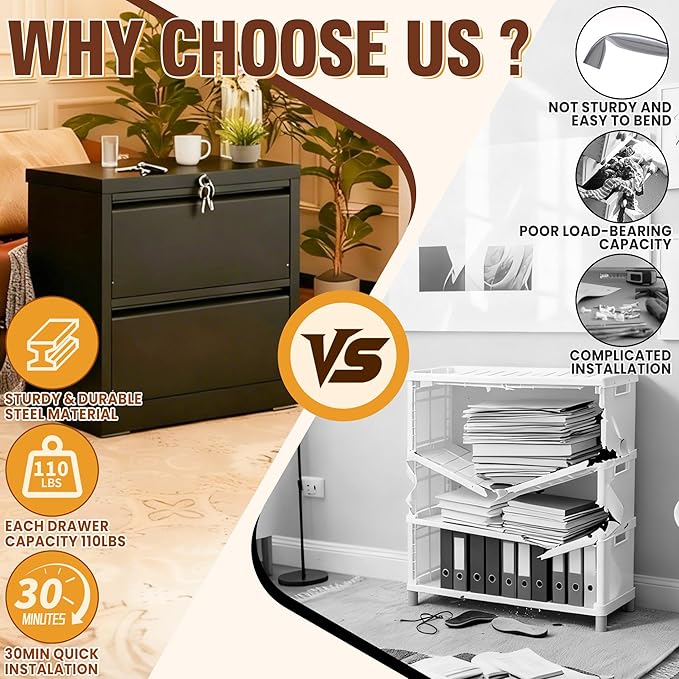 2-Drawer Lateral File Cabinet with Lock, Black Metal Filing Cabinet for Office or Home – Secure Storage for Letter/Legal/A4/F4 Documents, Easy to Assemble Locking File Organizer (Black, 2 Drawer-26"W)