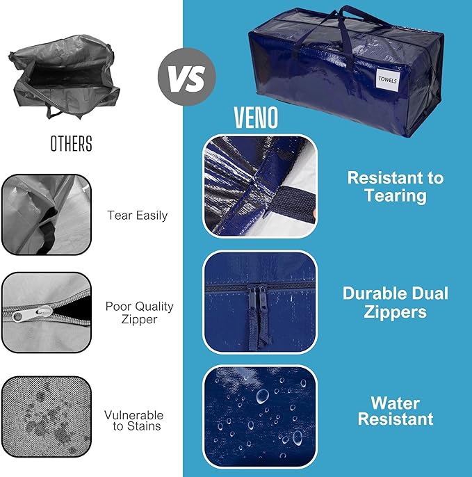 VENO 4 Pack Moving Bags w/Backpack Straps, Heavy Duty, Moving Boxes Alternative, Packing Supplies, Large Storage Totes for Dorm Room Essentials with Zipper for Clothes (Blue, 4 Pack)
