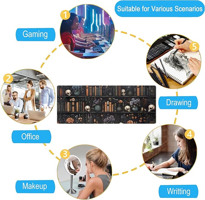 Dark Bookshelf Desk Pad Gothic Gaming Mouse Mat XL, Black Large Computer Keyboard Mat Mystery Flowers Desk Mat, Cool Mouse Pad Full Desktop Mat, Vintage Desk Decor Accessories 31.5" x 11.8"