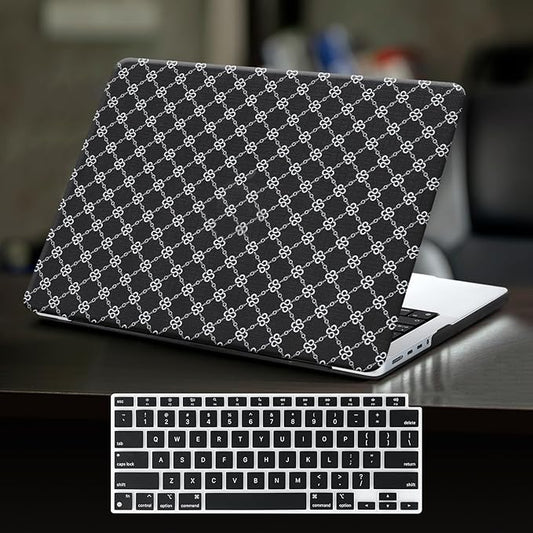 DTangLsm Compatible with MacBook Air 13 inch Case 2025-2022 M4 M3 M2 A3240 A3113 A2681, Luxury Checkered Textured Vintage Leather Retro Hard Shell Case for MacBook Air 13.6 inch + Keyboard Cover,Black