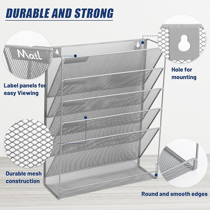EASEPRES Desk File Organizer Mesh 6-Tier, Hanging Wall Mount Document Organization Stand, Desktop Vertical Mail Paper Folder Holder Rack with Bottom Tray for Office Home Cubicle Countertop, Gray