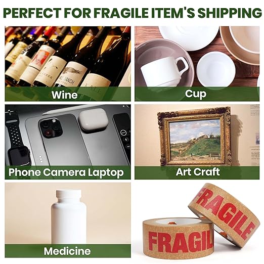 TAPEBEAR Fragile Tape Eco-Friendly Kraft Paper Tape 2Inch x 55Yard, Biodegradable Packaging Brown Paper Tape Self Adhesive Box Tape for Small Business, Shipping, Sealing, Moving, 3Rolls