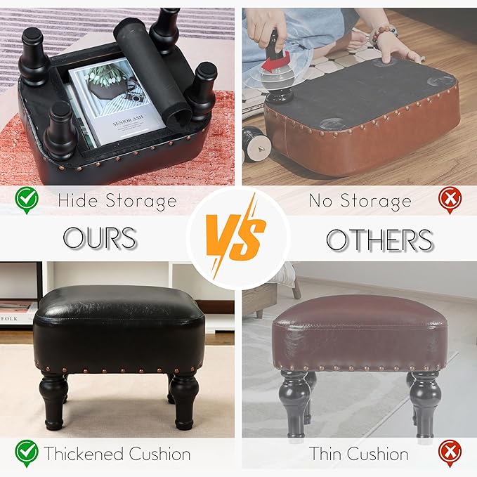 Ottoman Leather Foot Rest with Thicker Foam Padded Seat, Footstool with Wooden Legs (Black)