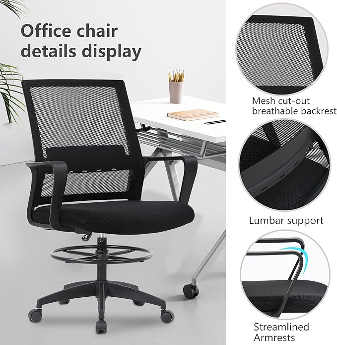 PayLessHere Drafting Chair Computer Standing Desk Chair Tall Office Chair with Lumbar Support Adjustable Foot Ring for Mesh Ergonomic Mid-Back Desk Chair (Black)