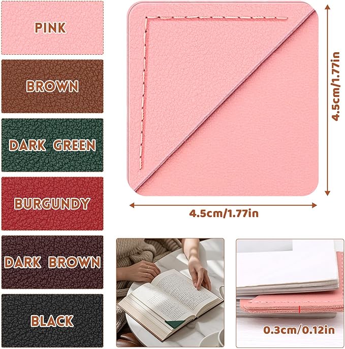 Leather Corner Bookmarks, 6 Pcs Square Page Book Marks Marks Cute Corner Page Bookmarks for Women Book Accessories for Teachers Students School Office Home Supplies