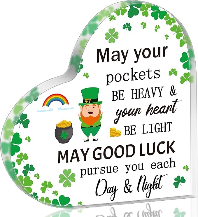 Yopyame St. Patricks Day Gifts - Irish Blessing Four Leaf Clover Acrylic Heart Sign Desk Decor May Your Pockets Be Heavy Shamrocks Keepsake Paperweight for Women Home Table Office Desk Shelf Mantle