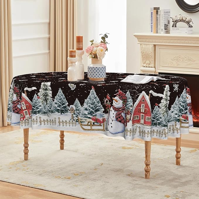 Horaldaily Christmas Tablecloth 60×84 Inch Oval, Winter Snowman House Christmas Trees Black Washable Table Cover for Party Picnic Dinner Decor