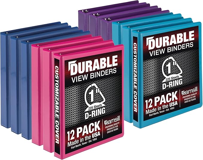 Samsill Durable 1 inch 3 Ring Binder, Made in USA, D Ring Binder, FSC 100% Recycled Chipboard, Fashion Assortment, 12 Pack