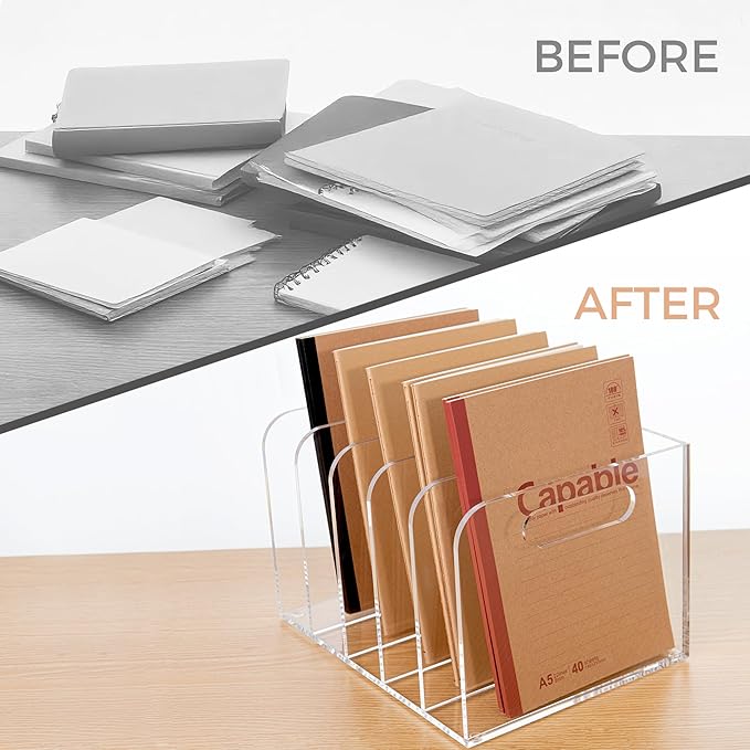 5 Vertical Compartments Clear Acrylic Desk Document Organizer & Storage Bins for Magazines, Binders, Notebooks, and Envelopes - Multipurpose Home Office Organizer - Innovative handle design