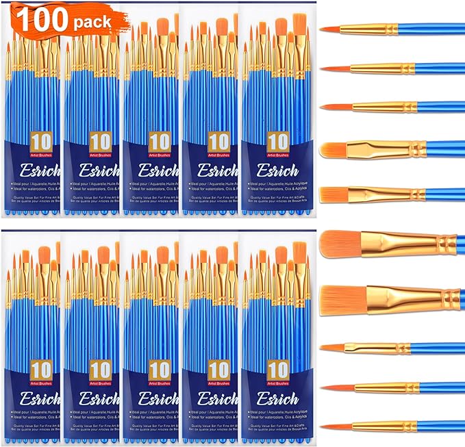 ESRICH Acrylic Paint Brushes Set, 10 Packs/ 100 Pcs Watercolor Brushes,Nylon Brush Head, for Oil Painting, Gouache, Face,Ceramics etc, Kid's and Adults Painting Arts and Crafts Paint Sets.