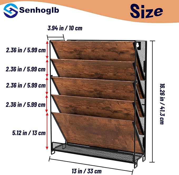 Metal Wall File Holder Organizer, 6-Tier Mesh Hanging Wall File Organizer, Magazine Rack with Trays, Wood Document Holder for Office Home, Brown