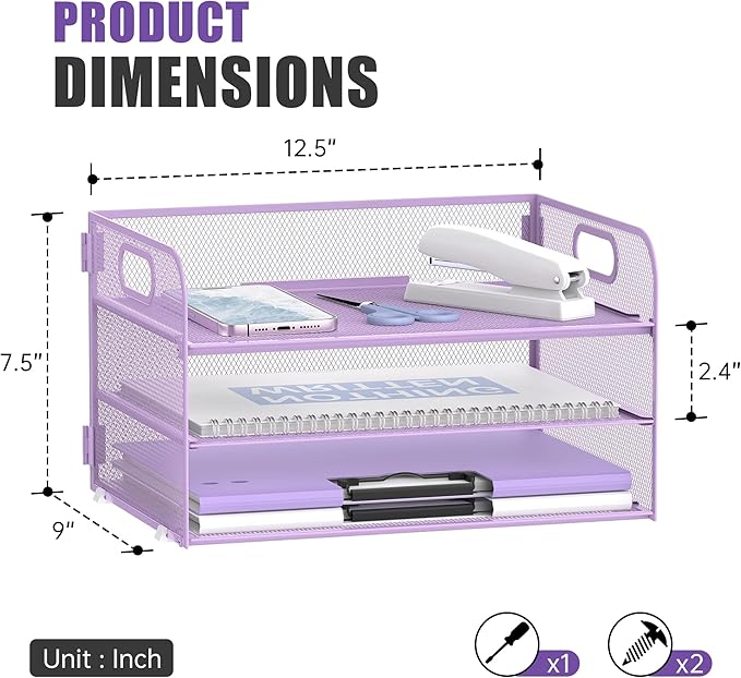 Daltack 3-Tier Paper Organizer with Handle, Mesh Desk Organizer Letter Tray, Purple