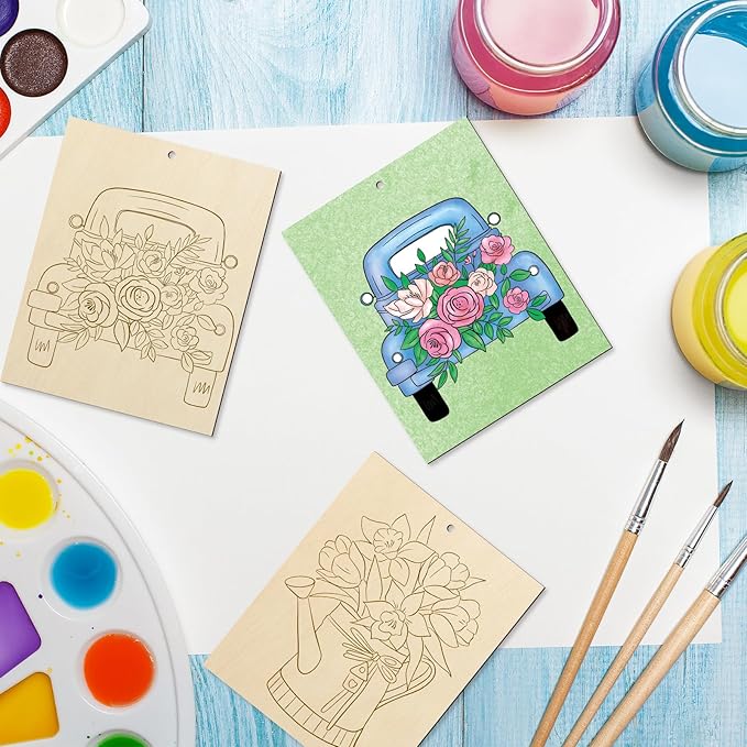 COCHIE 10 Pieces Large Spring Unfinished Wood Crafts to Paint for Adults and Kids, Bulk Predrilled Wooden Ornaments for Painting, Tulips Flowers Paintable Wood Slices Craft Supplies with Ropes