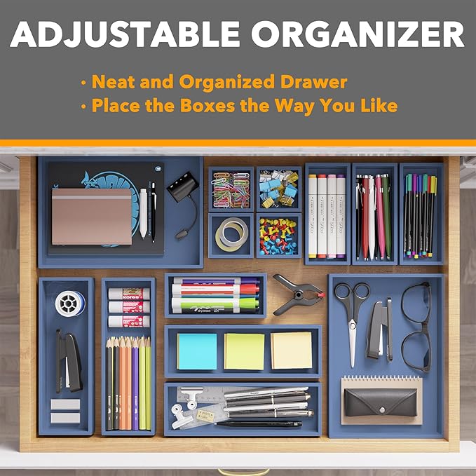 SpaceAid 14-Piece Bamboo Drawer Organizer Storage Boxes Set, Wood Tray Junk Drawer Organizers Multi-Use Divider Bins for Kitchen, Bathroom, Office Desk and Makeup Organization (14 Pack, Navy Blue)