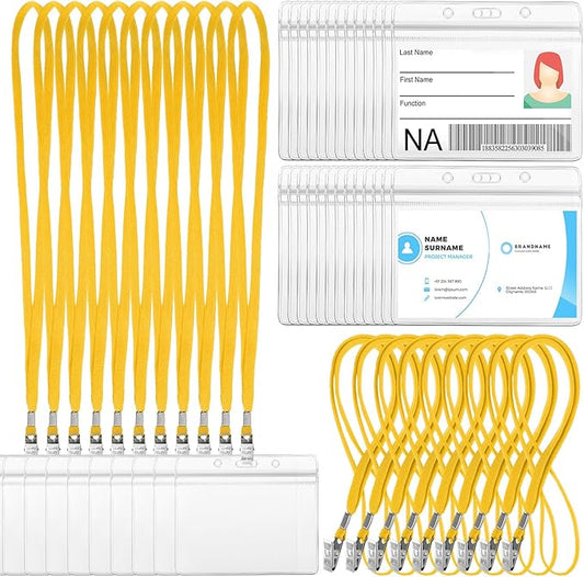 Marspark 50 Sets Clear Name Tags with Lanyard, Lanyards for ID Badges Reusable Strap with ID Holder Plastic Name Badges for Adults Business School Church Conference (Yellow)