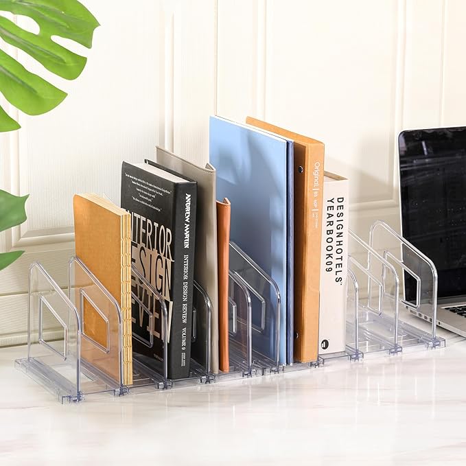 File Organizer, Acrylic File Folder Organizer File Sorter, Plastic Vertical Book Dividers for Magazine Mail Letter Paper, Desktop Organizers for Office, Classroom & Home(4 Sections, 2 Pack)
