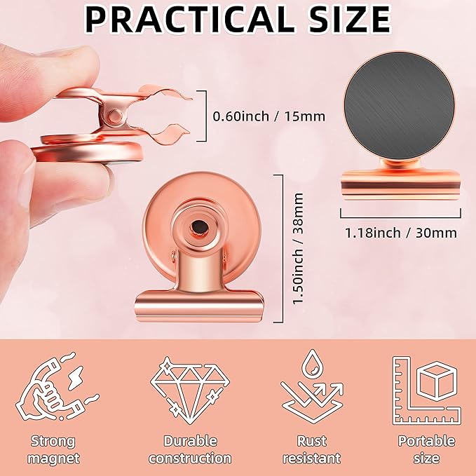 Grtard 12 Pack Magnetic Clips Heavy Duty, Magnet Clips for Fridge, Refrigerator Magnets with Clip, No-Scratch Strong Magnetic Clip Display Paper Fasteners on Home& Office& Teaching (Rose Gold)