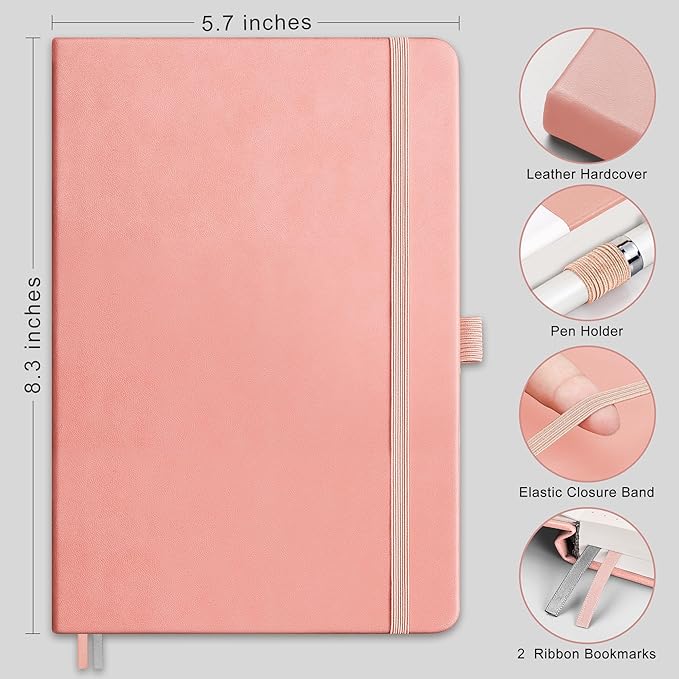 RETTACY Bullet Dotted Journal Notebook, 256 Pages, A5 Medium Size (5.7'' × 8.3''), Leather Hardcover, 120 GSM Thick Paper, for Bullet Journaling, Planning, Tracking (Pink)